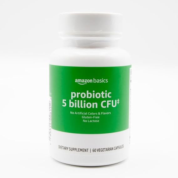 Amazon Basics Probiotic 5 Billion CFU, 8 Probiotic strains with 60 mg Prebiotic Blend, 60 Count Vegetarian Capsules, 2 Month Supply, Supports Healthy Digestion (Previously Solimo), Packaging May Vary