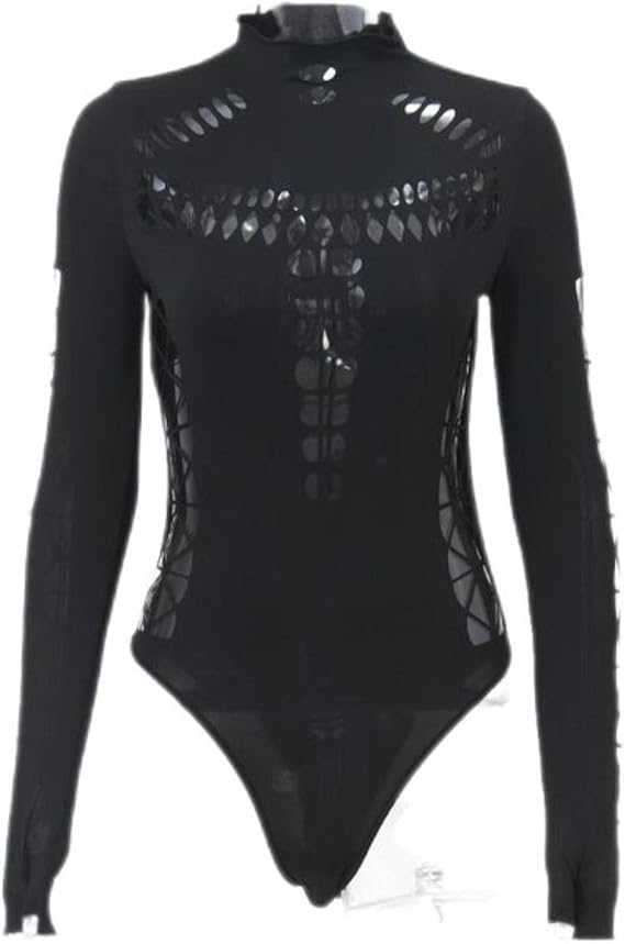Dunkles Punk Sexy Hollow Out Bodysuits Gothic Techwear Schwarz Rollkragen Bodycon T-Shirts Moto Langarm Streetwear-Schwarz L