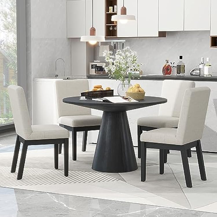 Modern 5-Piece Round Dining Table Set, Retro Wood Dining Table with Frustum Table Legs and 4 Upholstered Chairs, 46.5'' Kitchen Dining Room Family Round Dining Table Set for 4 (Black-46)