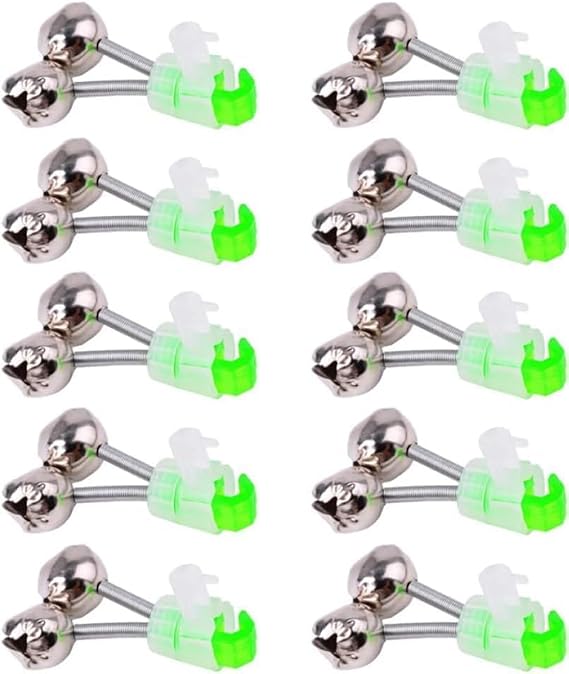 10 PCS Silver Fishing Bells Clips Fishing Rod Alarm with Dual Alert Bells,1.89 Inch Green Galvanized Fish Bite Alarm Portable Reusable Bite Indicator for Night Fishing Bite Indicators