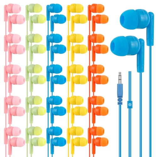 100 Pack Bulk Earbud Headphones Earphones for School Classroom Students Kids Children Gifts and Adults Wholesale Disposable Earphones 3.5mmJack 5 Mixed Colors