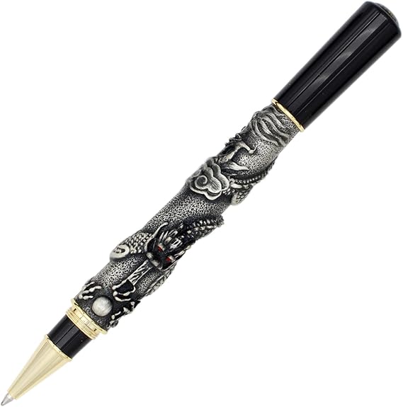 Gullor Antique Rollerball Pen, 3D Lifelike Chinese Dragon Carved, Metal Pen with Gift Box, Antique Gray Silver