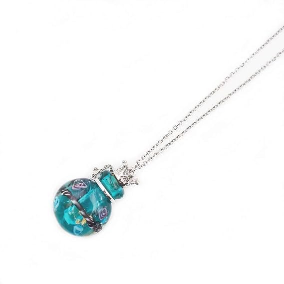 ZenRa Stainless steel Colored glass pendant necklace Diffuser Perfume pendant Aromatherapy charms (Peacock blue)