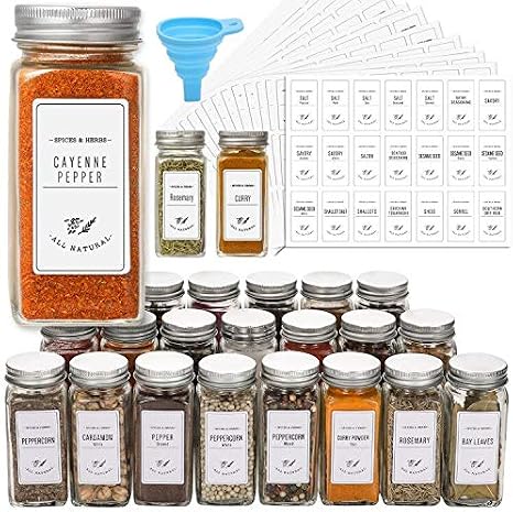AOZITA 36 Pcs Glass Spice Jars with White Printed Spice Labels - 4oz Empty Square Spice Bottles - Shaker Lids and Airtight Metal Caps - Silicone Collapsible Funnel