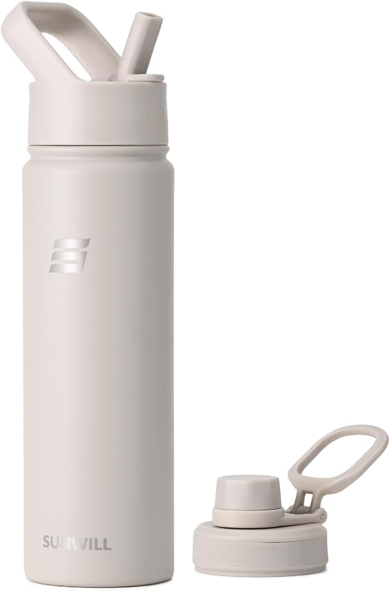 SUNWILL Metal Water Bottle with Straw Stainless Steel, 650ml Insulated Leakproof Thermal Flask for Cold and Hot Drink, Travel, Sports, Gym, Almond