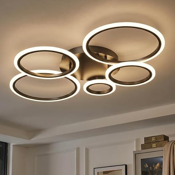 100cm Modern Geometric LED Ceiling Light, Dimmable 5-Ring Flush Mount Chandelier, 72W Ultra-Slim Fixture, CRI>85 for Living Room Bedroom, Black [Energy Class E]