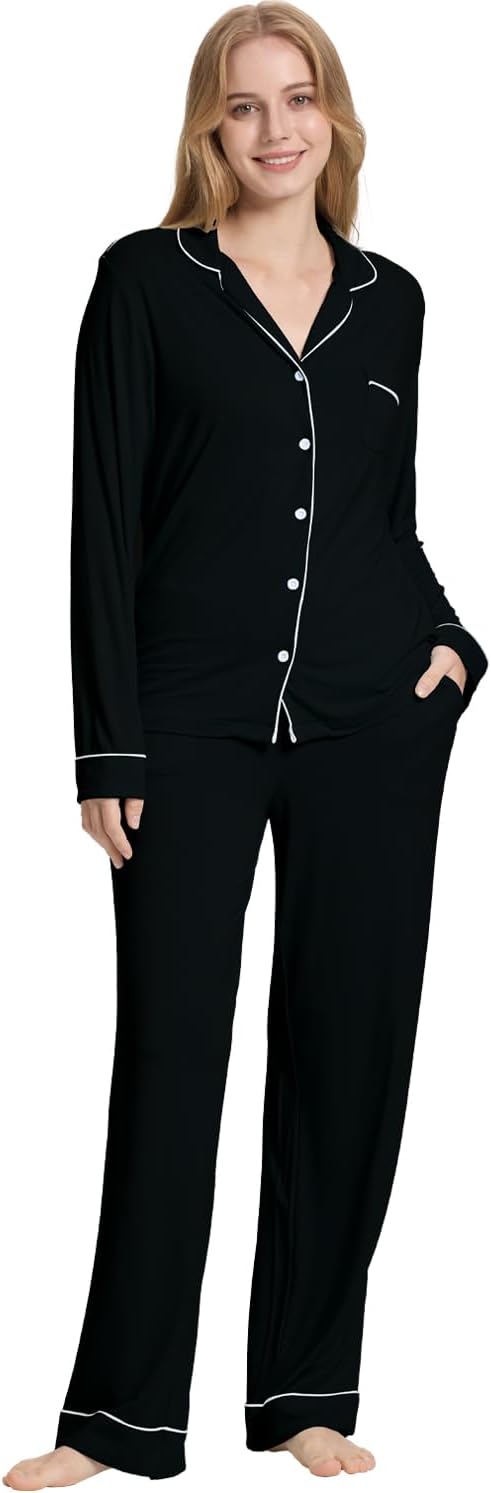 TOSMO Women Pajama Sets Viscose from Bamboo Long Sleeve Sleepwear Super-Soft Comfy Button Down Lounge Sleep Cooling Pjs