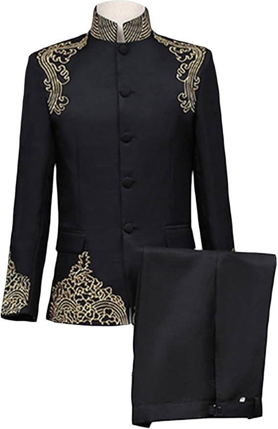 Maiyifu-GJ Men's Chinese Tunic Suit 2 Piece Vintage Mandarin Collar Blazer Pant Set Traditional Luxury Formal Suit Sets (Black,Small)
