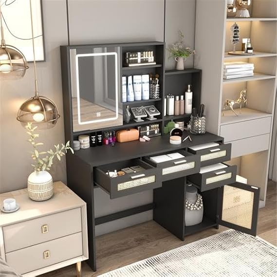 Makeup Vanity Desk with Lights - Vanity Mirror with 4 Drawers & 1 Cabinets & Shelves - 3 Colors & Openable Mirror - Vanity Table Rattan Vanity Dresser