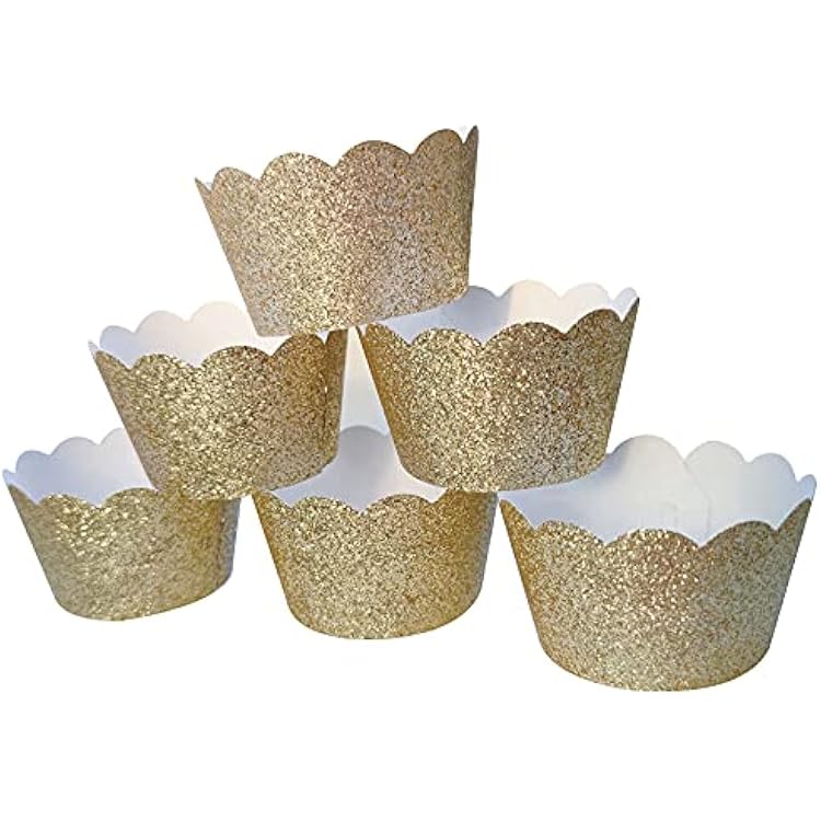 Glitter Gold Scalloped Cupcake Wrappers for Baby Shower 1st Birthday Supplies New Year Eve Cake Decoration Pack of 24