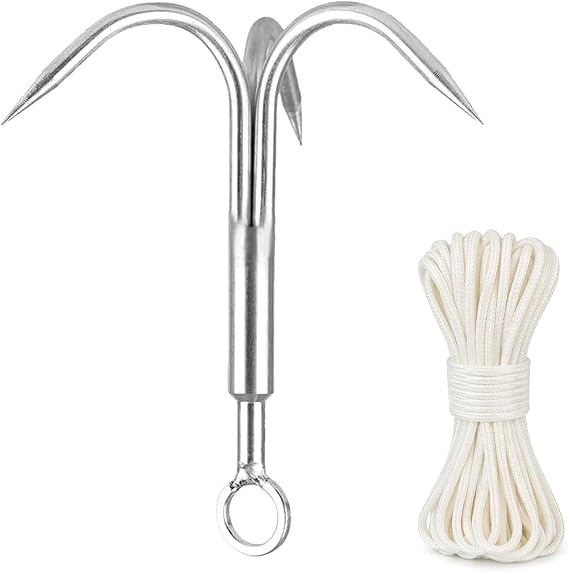 Gaff Hook, Grappling Hook with Rope, Stainless Steel 3-Claw Grapple Hook