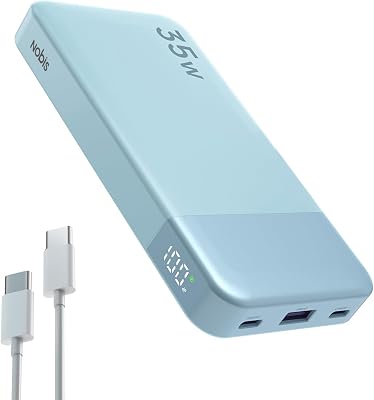 NOBIS Portable Charger, 10000mAh Power Bank Fast Charging, Battery Pack with C to C Cable, Battery Bank with Digital Display for iPhone iPad Android etc Blue, 35W