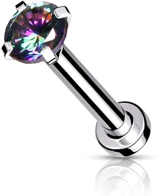 Pierced Owl - 16-18GA Stainless Steel Internally Threaded Prong Set CZ Crystal Micro Base Flat Back Labret Monroe Lip Cartilage Helix Tragus Conch Ear Lobe Barbell Stud