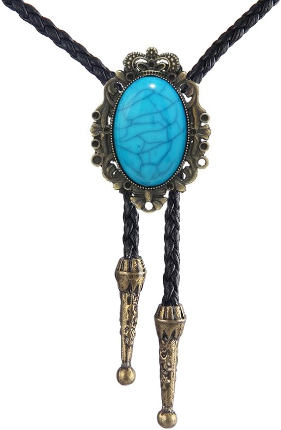 AZORA Western Bolo Tie Men Cowboy Leather Necktie Leather Cord Stone Retro Silver Bolo Necklace for Women
