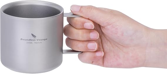 iBasingo 220ml Titanium Coffee Cup Double Wall Mini Mug for Espresso, Tea Camping & Travel Durable Lightweight Portable Drinkware Ti3052D (Gray)