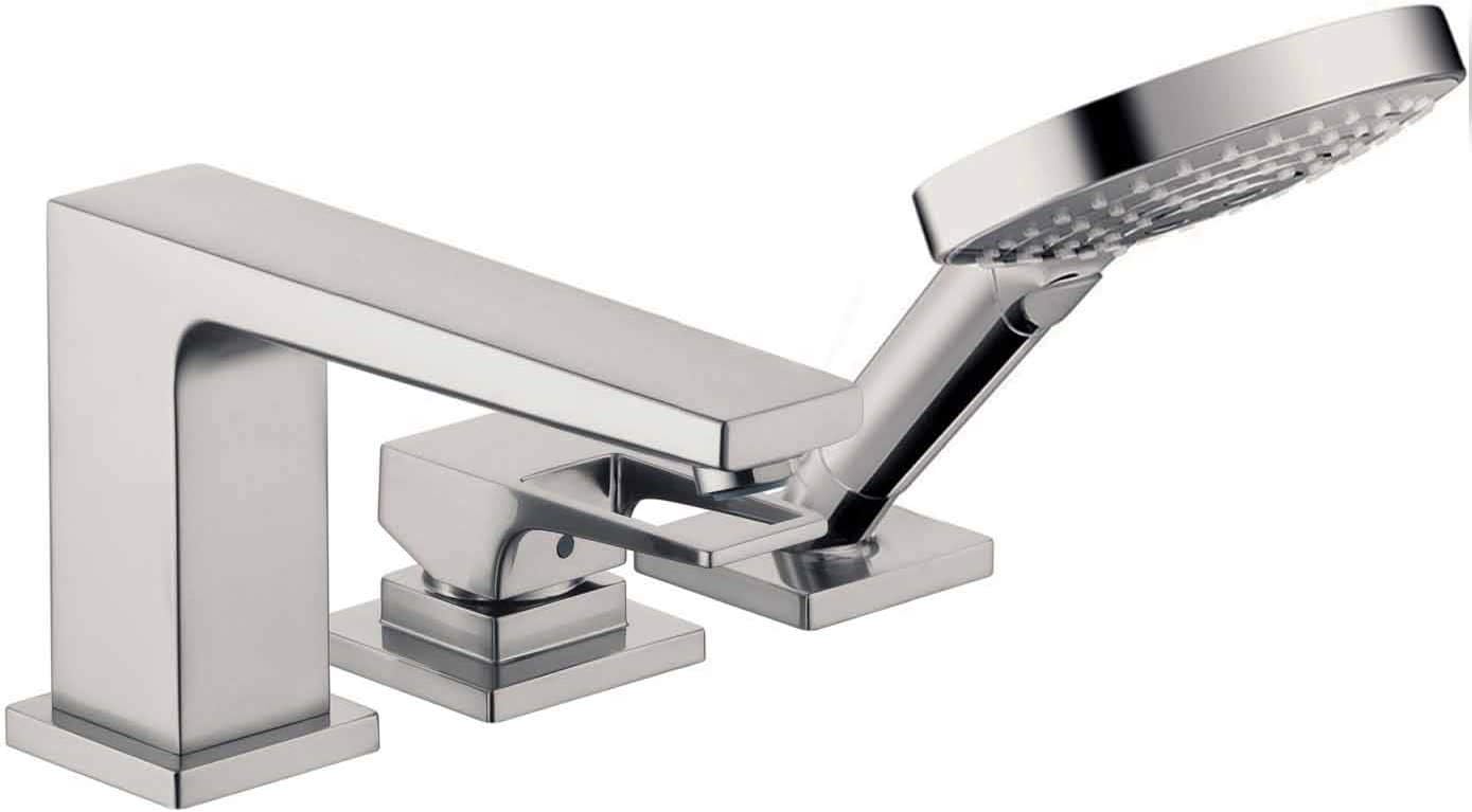 hansgrohe Metropol Modern 1-Handle 13-inch Wide Roman Tub Filler Freestanding Bathtub Faucetand Shower Set in Brushed Nickel, 74554821