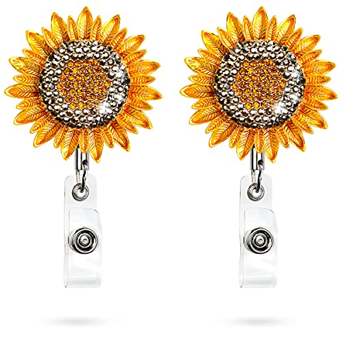 2 Pack Bling Rhinestone Sunflower Badge Reel Holder, Lightweight Retractable IDName Badge Holder with Bling Crystal, Women Nurse Badge Holder, Belt Clip