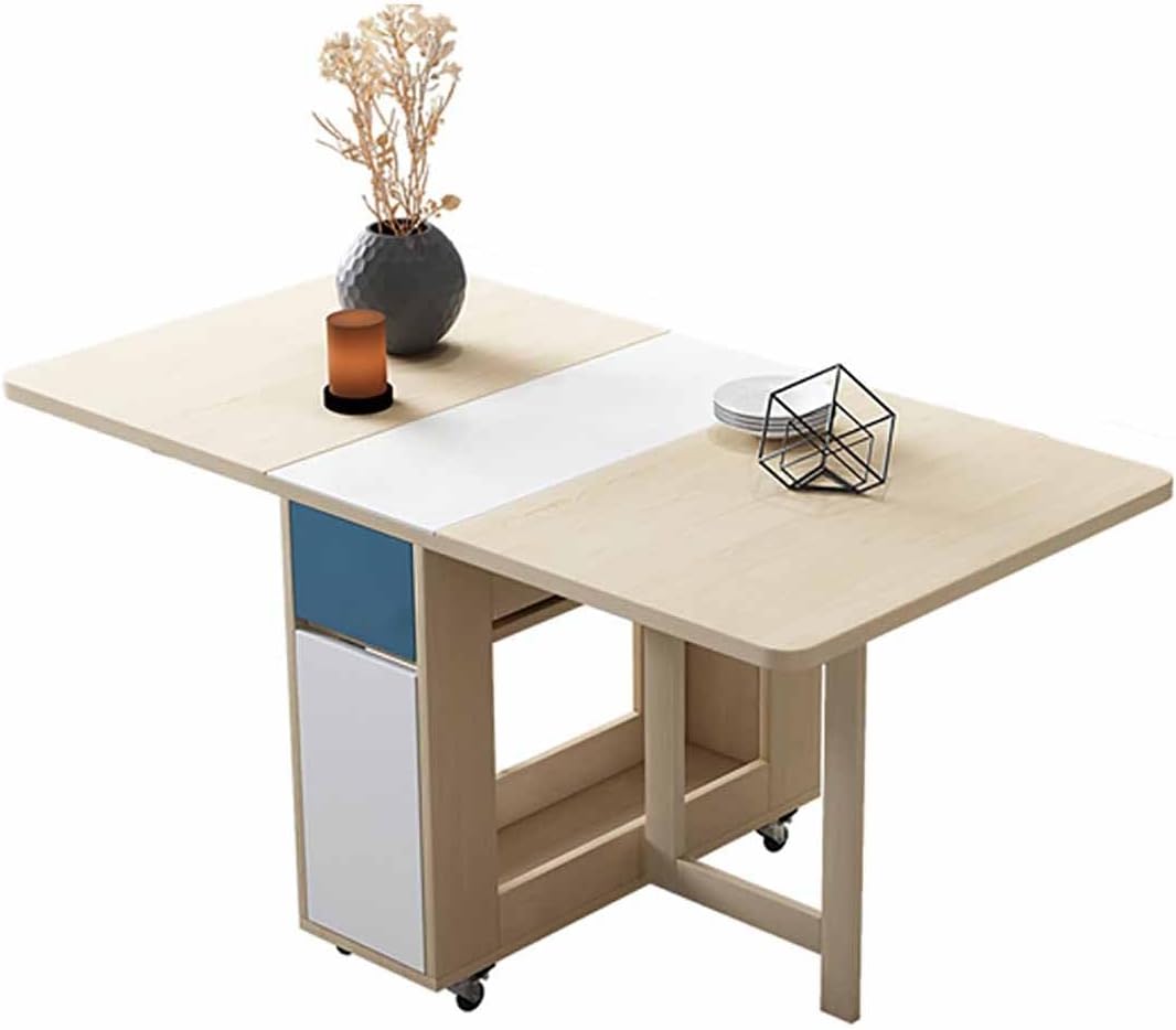 Folding Dining Table for 4 Seats Natural Retractable Wooden Square Expandable Dinner Table with Wheels Movable Extendable Kitchen Table Kitchen Table for 4 People Color: Wood Color