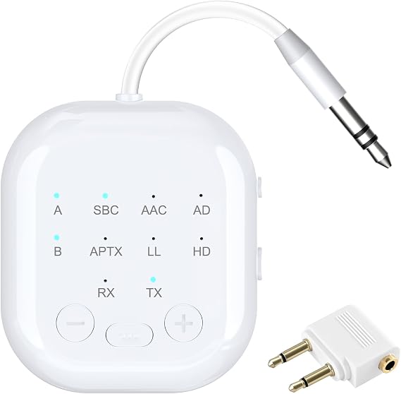 eppfun Bluetooth 5.2 Transmitter Receiver, Aptx HD, Aptx Low Latency Audio Adapter for Airplane, TV, Gym, White