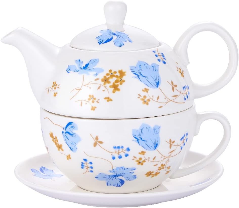 Porcelain Tea for One, Floral Teapot and Cup Set, Orchids