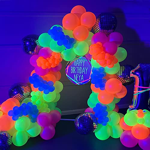 156pcs Neon Balloon Garland Arch Kit, Glow in The Dark UV Neon Fluorescent Balloons, Back to 80s 90s Laser Dicso Party Supplies, Birthday Wedding Black Light Party Decorations Disco