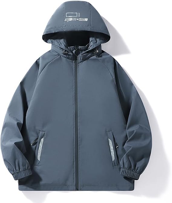 Men's hooded windbreaker jacket with lightweight full zipper with reflective details