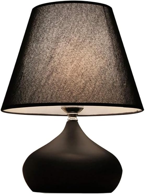 Touch-sensitive table lamp, bedroom bedside table lamp, wired with fabric lampshade, stepless dimming, modern simple retro touch (matte black, piano white),matte black