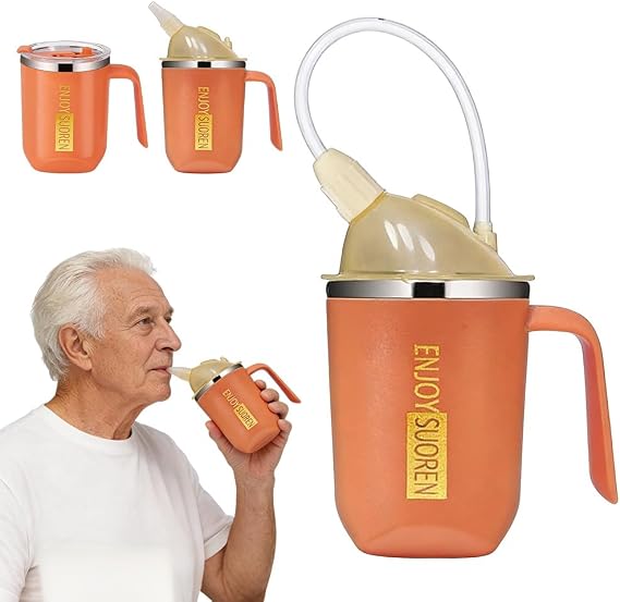 3 in 1 Beakers for Elderly 400ml, Non Spill Cups for Elderly, with 30cm Long Straw, Handle and Leakproof Lid, Adult Sippy Cups for Bedridden Seniors, Dysphagia & Disability Care (Orange)