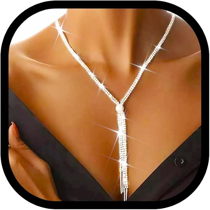 Zoestar Rhinestone Necklace Jewelry Silver Long Necklaces Prom Dressy Neck Chain for Women