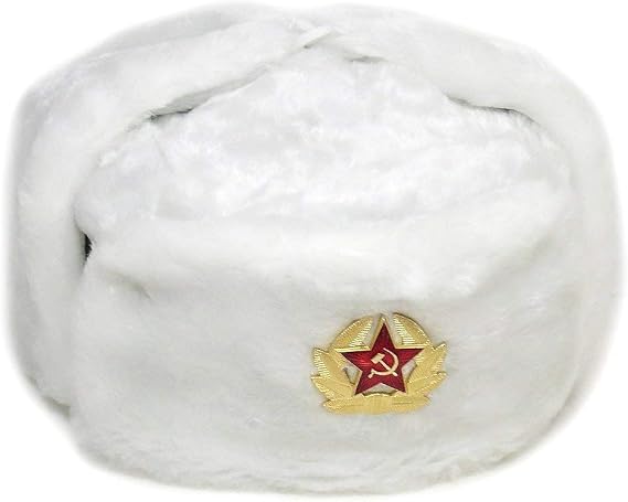 White Winter Hat with Earflaps: Russian Ushanka. with Soviet Soldier Insignia