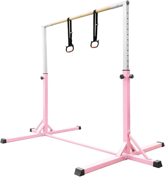 Gymnastics Bar for Kids, Junior Training Kip Horizontal Bar Gymnastics Equipment for Home, Adjustable Telescopic Height Folding Horizontal Bar with Gymnastic Rings for 3-12 Years Old Kids
