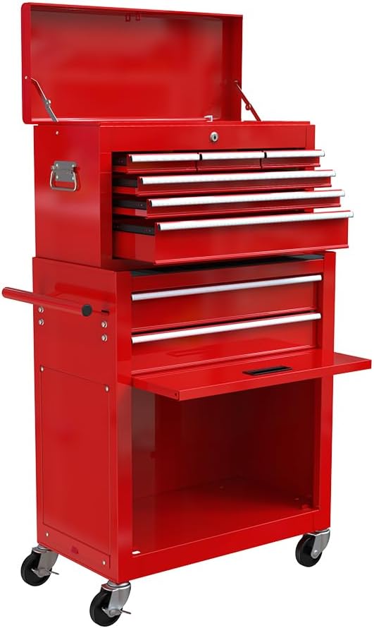 KAFELE Red Large Capacity Rolling Tool Box, Including 8 Drawers, with Lock/Hook/Push Handle