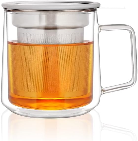 CNGLASS Double Wall Glass Cup with Stainless Steel Infuser and Lid, 355ml Borosilicate Glass Tea Mug,Tea Infuser Mug for Loose Tea,Teabag,Set of 1