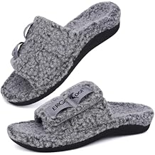 ERGOfoot Fuzzy House Slippers with Arch Support for Women Men, Orthopedic Slide Slippers for Plantar Fasciitis Open Toe Indoor House Shoes with Adjustable Straps, Foot Pain Relief