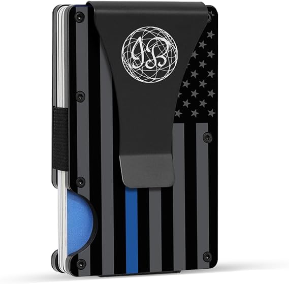 Black & Gray American Flag Engraved, Minimalist Wallet, RFID Blocking Aluminum Slim Wallet With Money Strap (Blue Line with Money Clip)