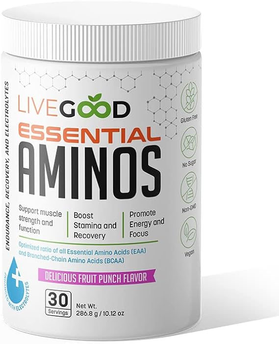 LIVEGOOD Essential Aminos | Essential Amino Acid Formula with BCAAs & Electrolytes | Lean Muscle Support, Recovery & Stamina | Sugar Free, Caffeine Free, Vegan | Fruit Punch