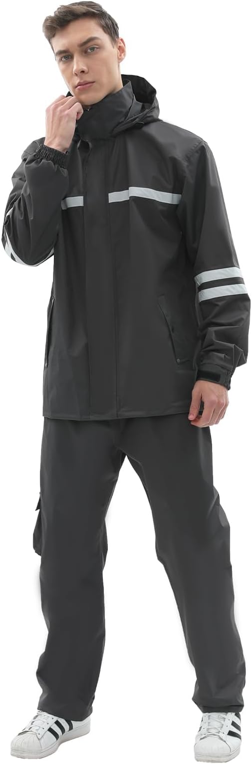 Waterproof Rain Suit for Men & Women, Durable Rain Jacket and Pants Set Rain Gear Outdoor Reflective Raincoat