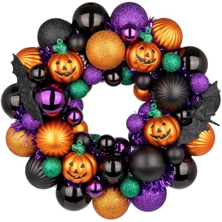 Halloween Wreath for Front Door, 13 inch Small Halloween Ball Wreath with Pumpkins Bats Shatterproof Front Door Wreaths OrangePurpleBlack Ball Ornament for Wall Mantel Porch Indoor Outdoor Decor