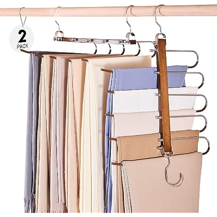 HOUSE DAY Pants Hangers Space Saving, Wood Jean Hangers for Closet, Non Slip Multi functional Pants Rack Hanger Multiuse Pant Organizer For Closet Space Saving Hangers for Pants, Scarfs 2PACK,Walnut