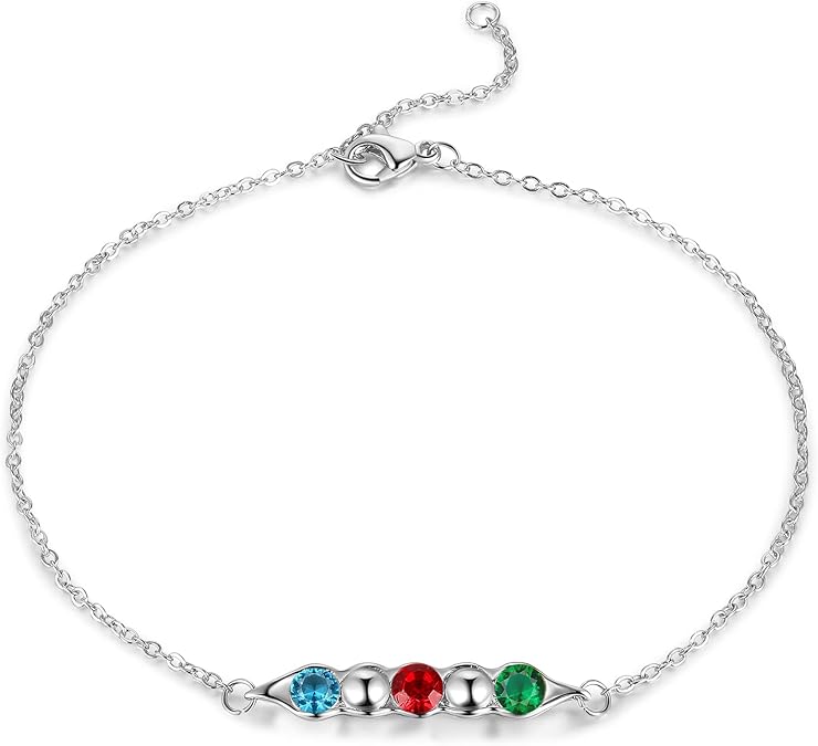 JewelOra Personalized Link Bracelets for Women Custom Link Bracelet with 1-5 Simulated Birthstones Charm Bracelets Jewelry Pea in a Pod Bracelet Birthday Gift for Mother