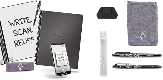 Rocketbook Core Reusable Smart Notebook | Innovative, Eco-Friendly, Digitally Connected Notebook & Smart Notebook Accessory Kit - 2 Black Capped FriXion Pens, 1 Spray Bottle