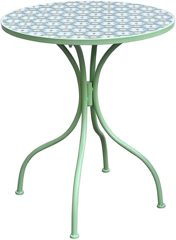 Round Outdoor Side Table Patio Bistro Ceramic Mosaic Patterned Design Tile Top Round Table Outdoor Garden 24 Inch Metal Furniture Dining Table for Yard Balcony Porch Poolside Terrace (Green)