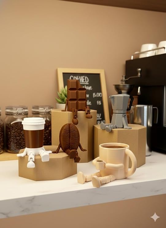 Kahve Köşesi 5'li Figür Seti | Kahve Çekirdeği | Moka Pot | Kupa | Bardak | Çikolata Dekoratif Obje