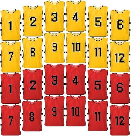 24 Pcs Scrimmage Training Vest - Soccer, Basketball, Football Bibs/Pinnies, Reversible Numbered Team Sports Pinnies Jerseys (Red & Yellow)