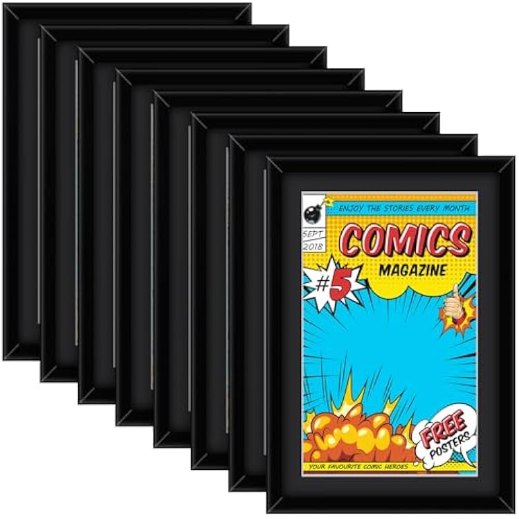 Geetery 8 Pack Comic Book Frame UV Protection Magazine Picture Display Wall Mount Book Fit Current up to 6 34 x 10 14 Wall or Tabletop Display with Spring Clip Installed HangerBlack black Mat