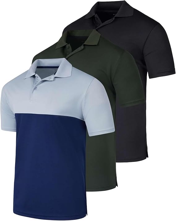 Real Essentials 3 Pack: Mens Short Sleeve Golf Polo Casual Workout Sports Moisture Wicking Collared Shirt Big & Tall