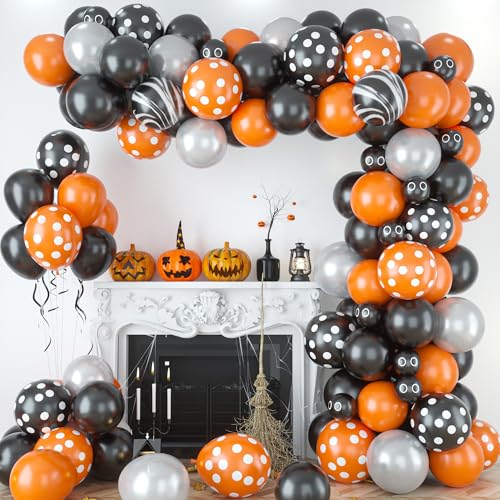 Halloween Balloons Arch Kit, 95pcs Halloween Theme Balloons with Candy Pumpkin Cat, Black Orange Polka Dot Balloons and Silver Balloons, Eye Balloons, for Halloween Party Decor Indoor Outdoor