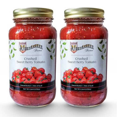 MUZZARELLI FARMS Crushed Sweet Berry Tomato | Pack of 2 Gift-Ready | Jeresy Fresh Flavorful | Family Recipe for 60 years - No Gluten- Low Carb - No Preservatives - All Natural -26 fl oz Glass Mason Jar | Hand-Selected Tomatoes Bottled for Peak Freshness and Flavor. Made in Vineland, New Jersey USA