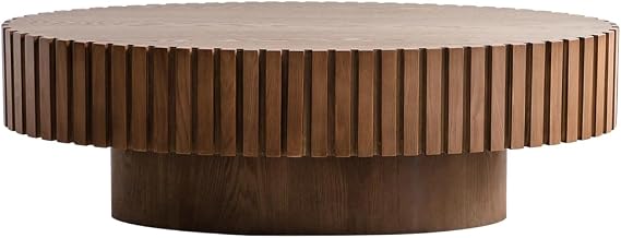 Wood Oval Coffee Table, Unique Wooden Fluted Center Table, Low Coffee Tables with Sturdy Stable Olive-Shaped Pedestal, Mid Century End Tables for Living Room Bedroom Balcony