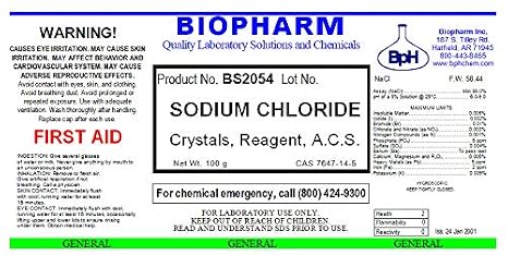 Biopharm Sodium Chloride, ACS Grade, Crystals. 100 Grams